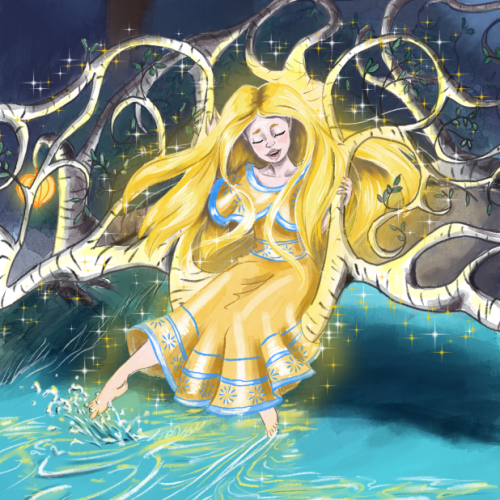 Golden Girl singing on her bridge, dipping her toes in the water below.