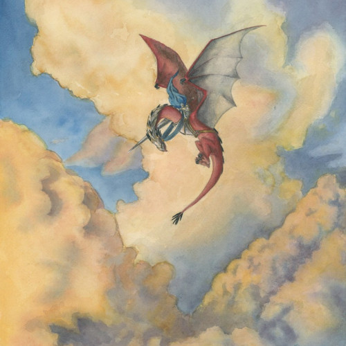A watercolor painting of a dragon patrolman up in the clouds on his red dragon checking his surroundings.